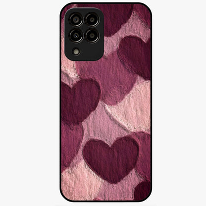Layered Paper Hearts Glass Case showing flat back view with layered paper heart artwork and glossy glass finish.