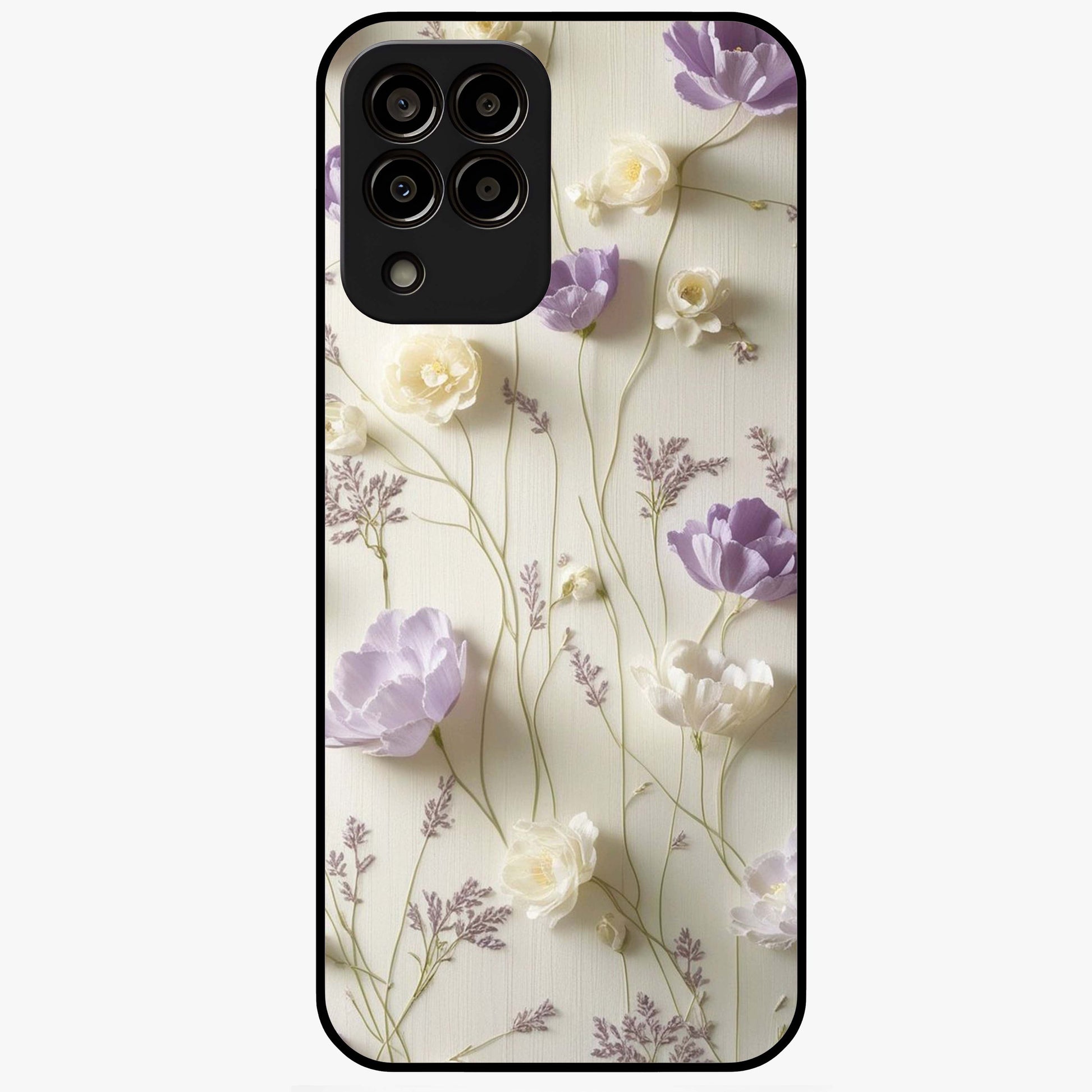 Lilac Breeze Harmony Glass Case showing flat back view with soft lilac themed artwork and glossy glass finish.