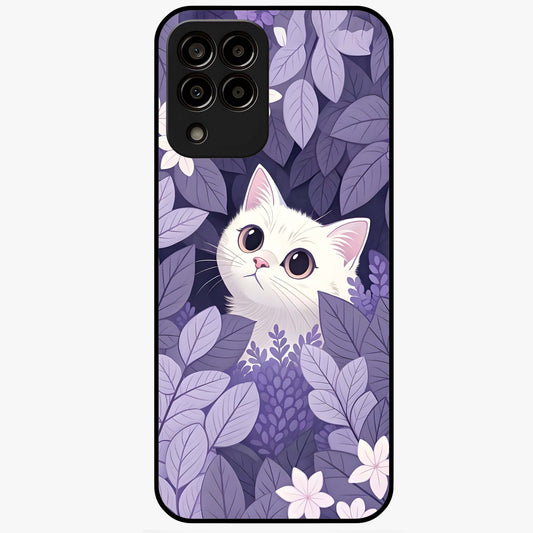 Lilac Hide Peek Cat Glass Case showing flat back view with cute peeking cat artwork and glossy glass finish.