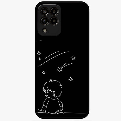 Line Art Boy With Shooting Stars Glass Case showing flat back view with minimal line art boy and shooting stars illustration and glossy glass finish.