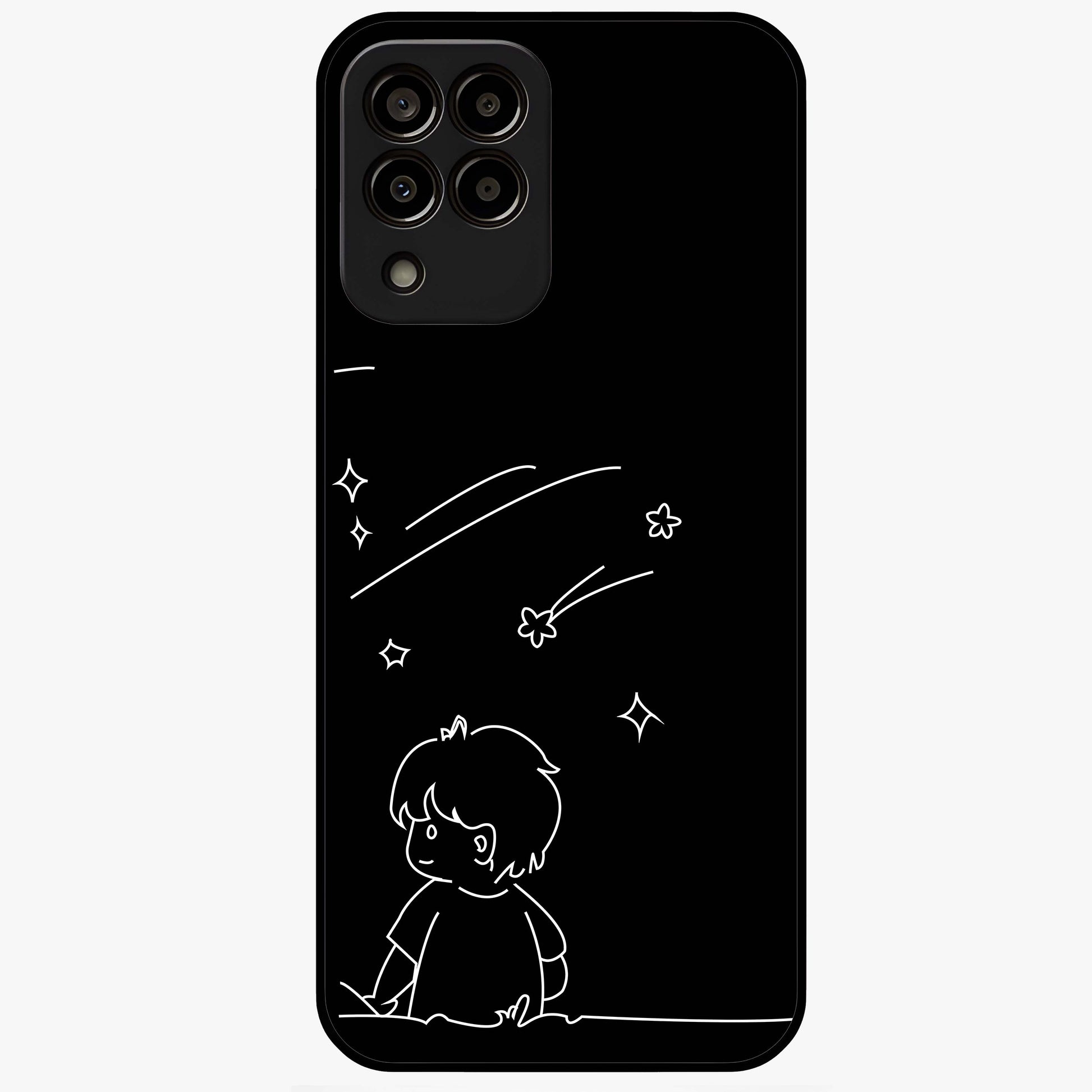 Line Art Boy With Shooting Stars Glass Case showing flat back view with minimal line art boy and shooting stars illustration and glossy glass finish.
