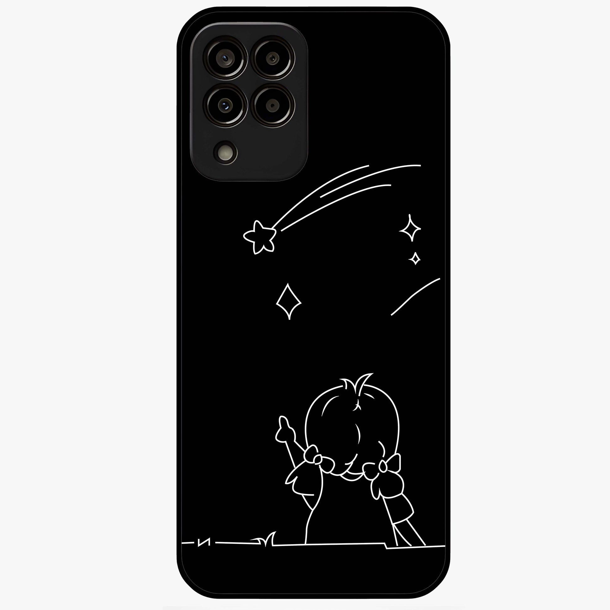 Line Art Girl With Shooting Stars Glass Case showing flat back view with minimal line art girl and shooting stars illustration and glossy glass finish.