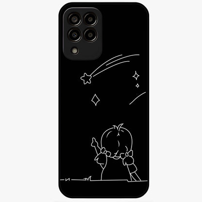 Line Art Girl With Shooting Stars Glass Case showing flat back view with minimal line art girl and shooting stars illustration and glossy glass finish.