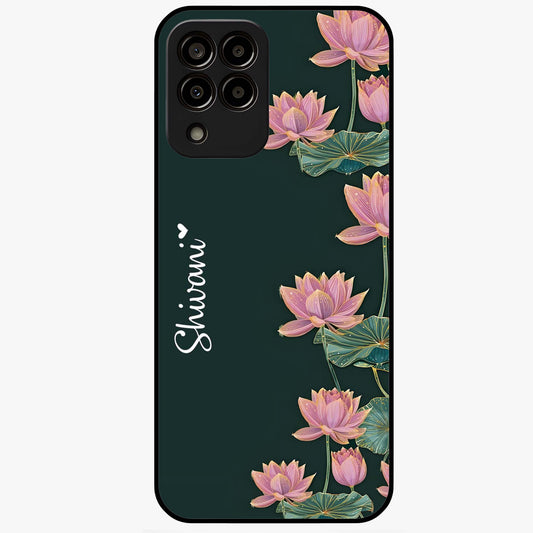 Lotus Bloom Serenity Custom Name Glass Case showing flat back view with elegant lotus flower artwork and personalized name design.