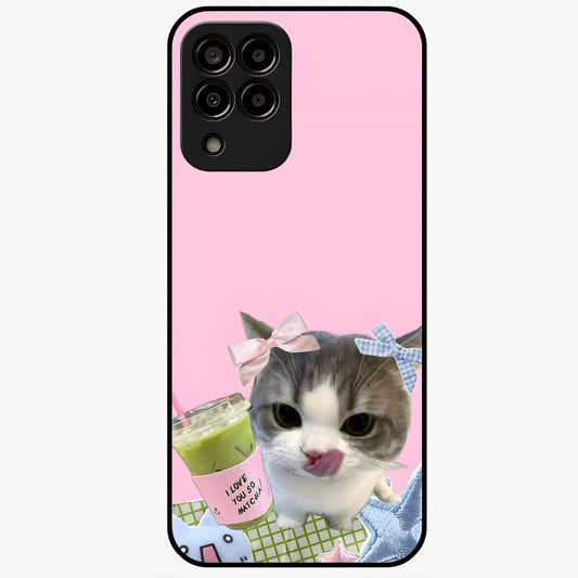 Love Matcha Cat Glass Case showing flat back view with cute cat and matcha themed artwork and glossy glass finish.