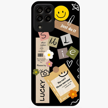 Lucky Aesthetic Collage Glass Case showing flat back view with trendy aesthetic collage artwork and glossy glass finish.