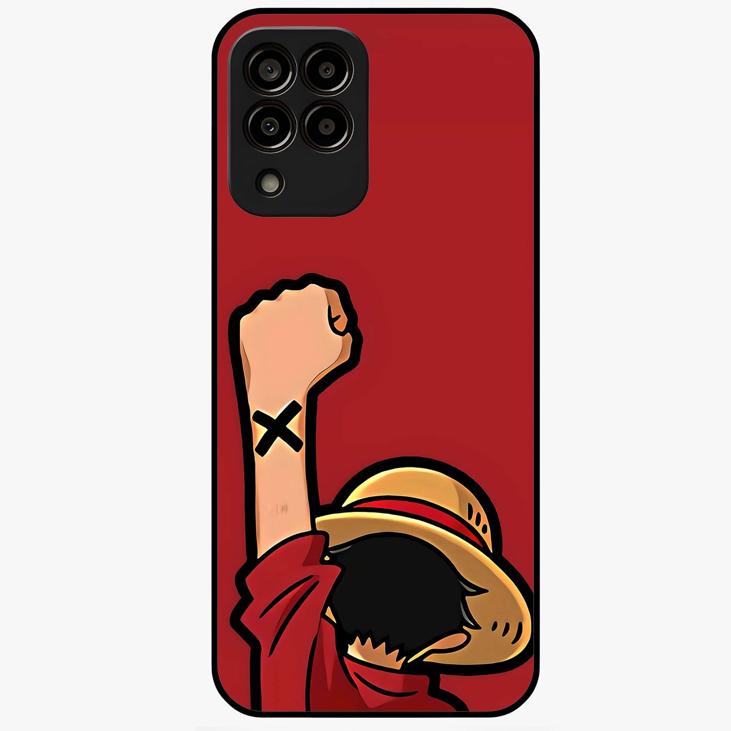 Luffy X Spirit Glass Case showing flat back view with bold anime character artwork and glossy glass finish.