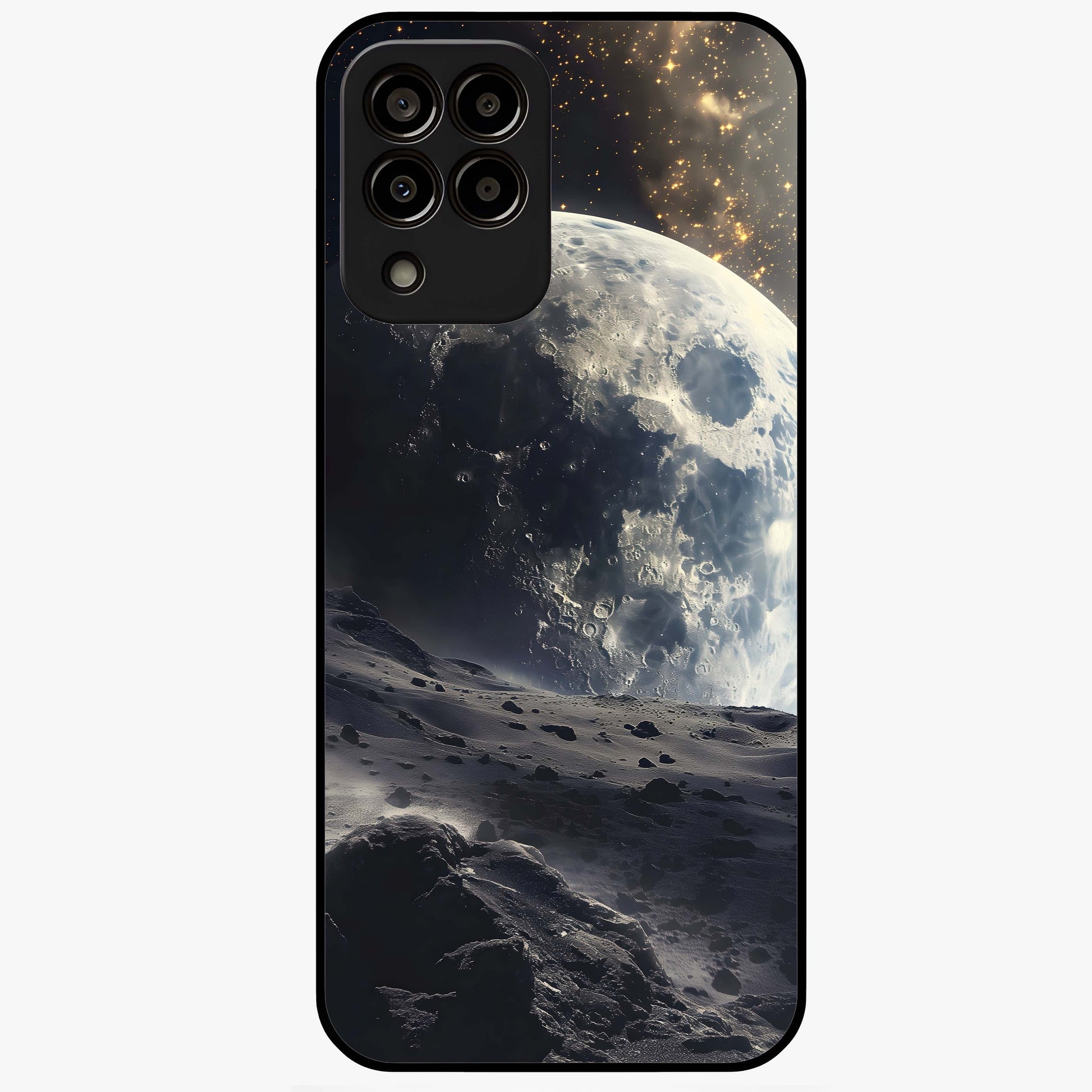 Lunar Horizon Glow Glass Case showing flat back view with glowing moon horizon artwork and glossy glass finish.