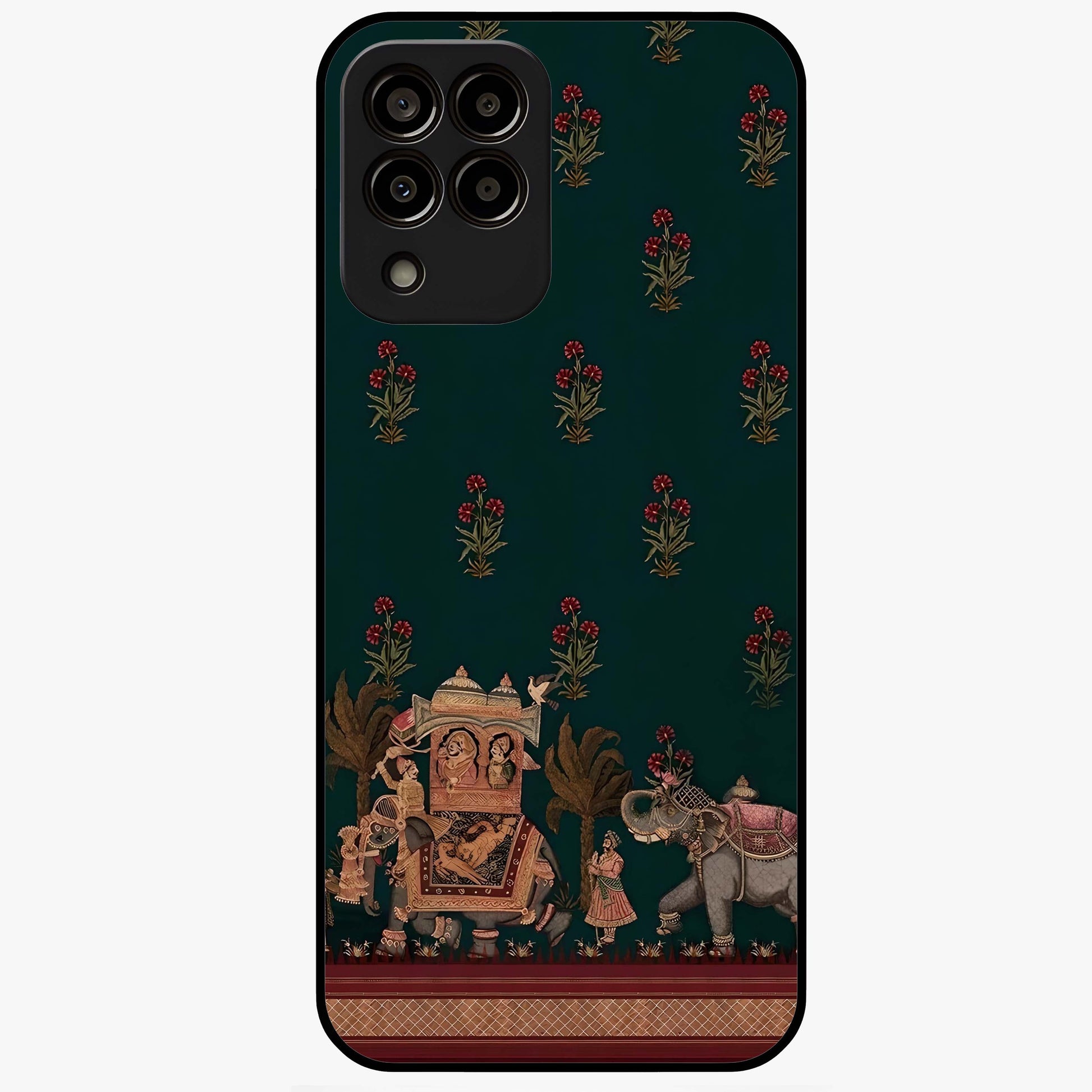 Macmerise Glass Case showing flat back view with stylish modern artwork and glossy glass finish.