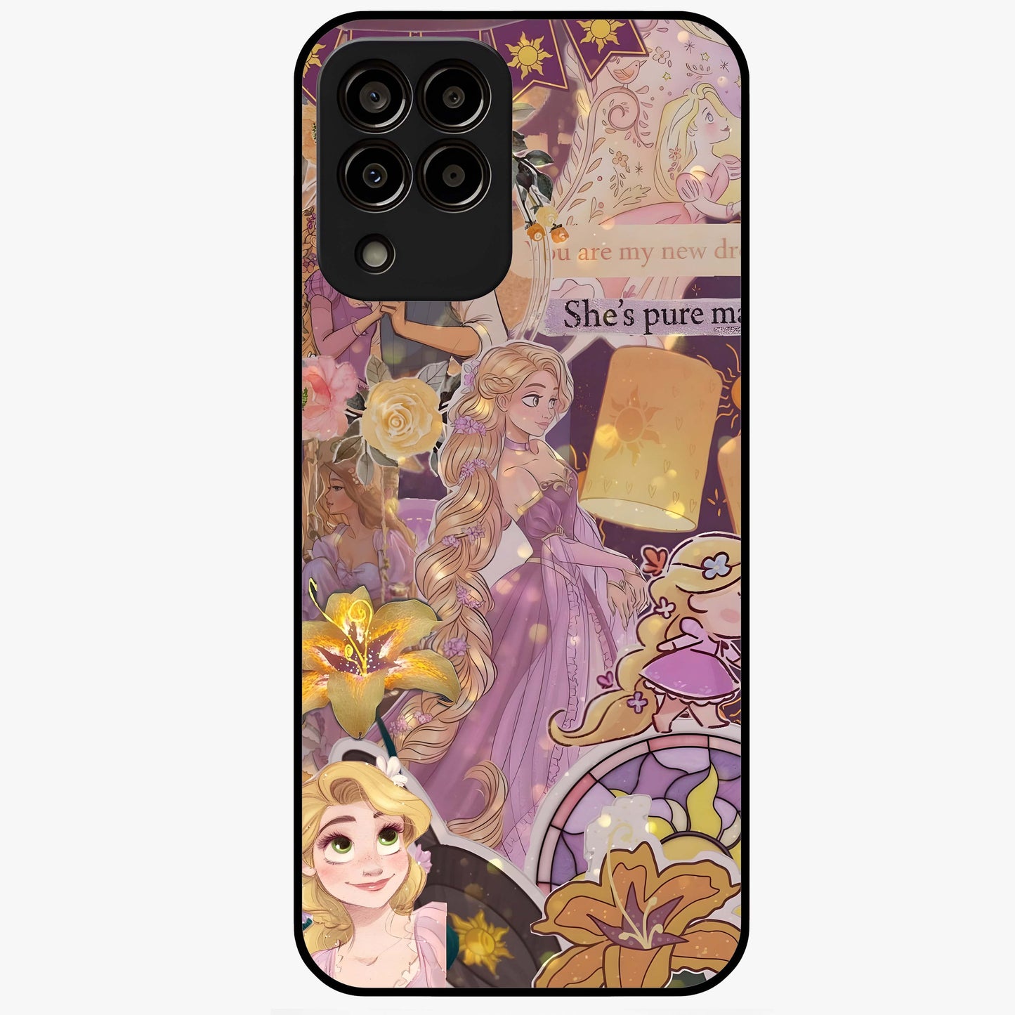 Magical Tangled Dream Glass Case showing flat back view with dreamy tangled artwork and glossy glass finish.