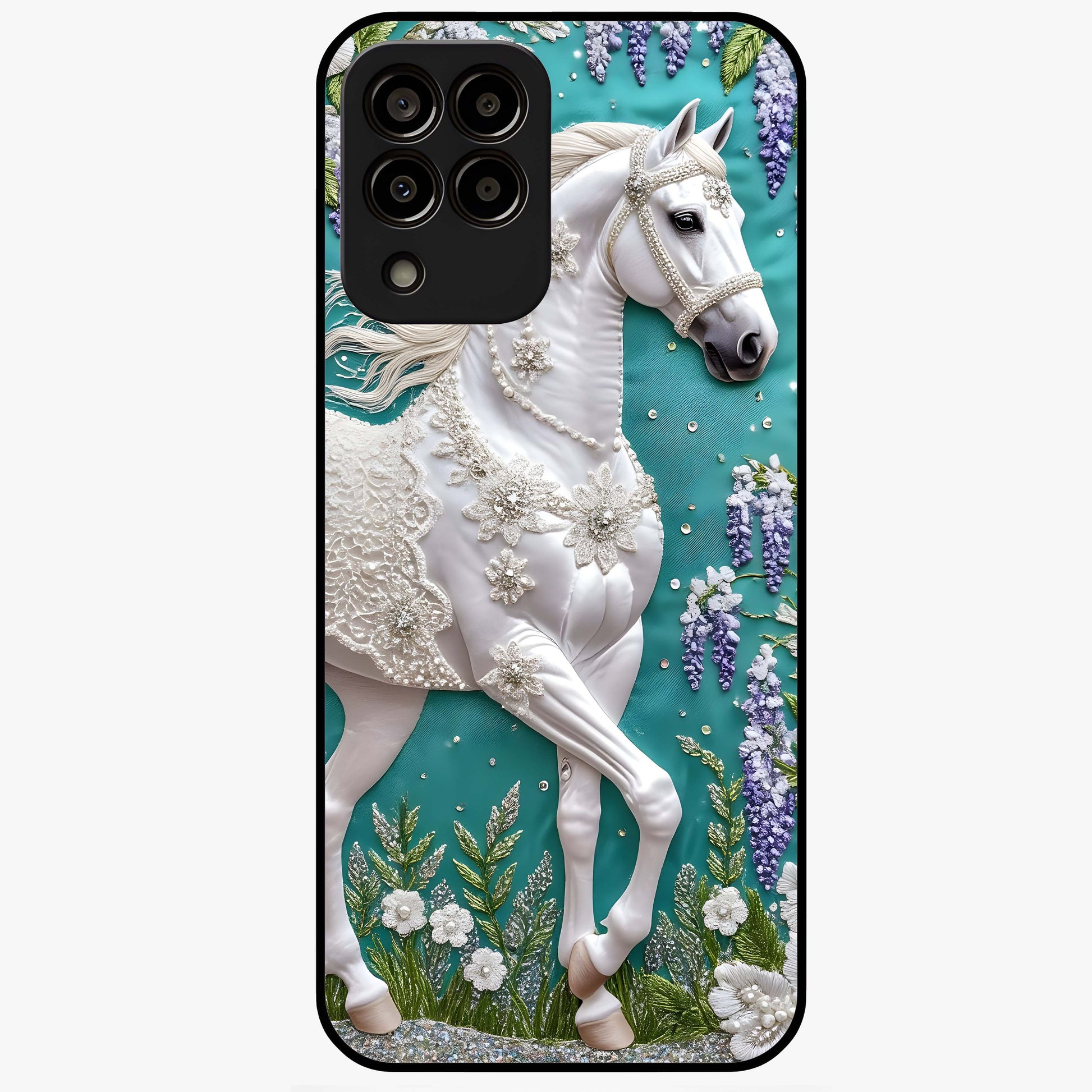 Majestic Floral Stallion Glass Case showing flat back view with powerful horse and floral artwork and glossy glass finish.