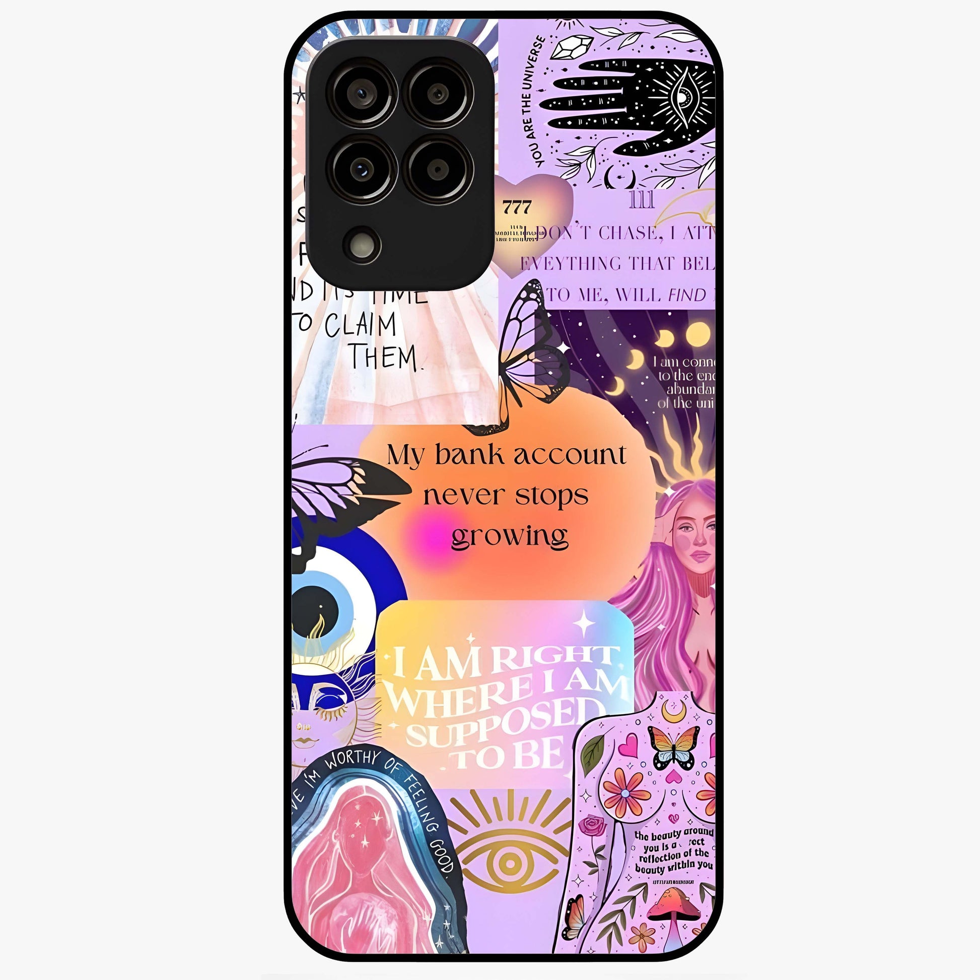 Manifestation Collage Glass Case showing flat back view with motivational collage artwork and glossy glass finish.