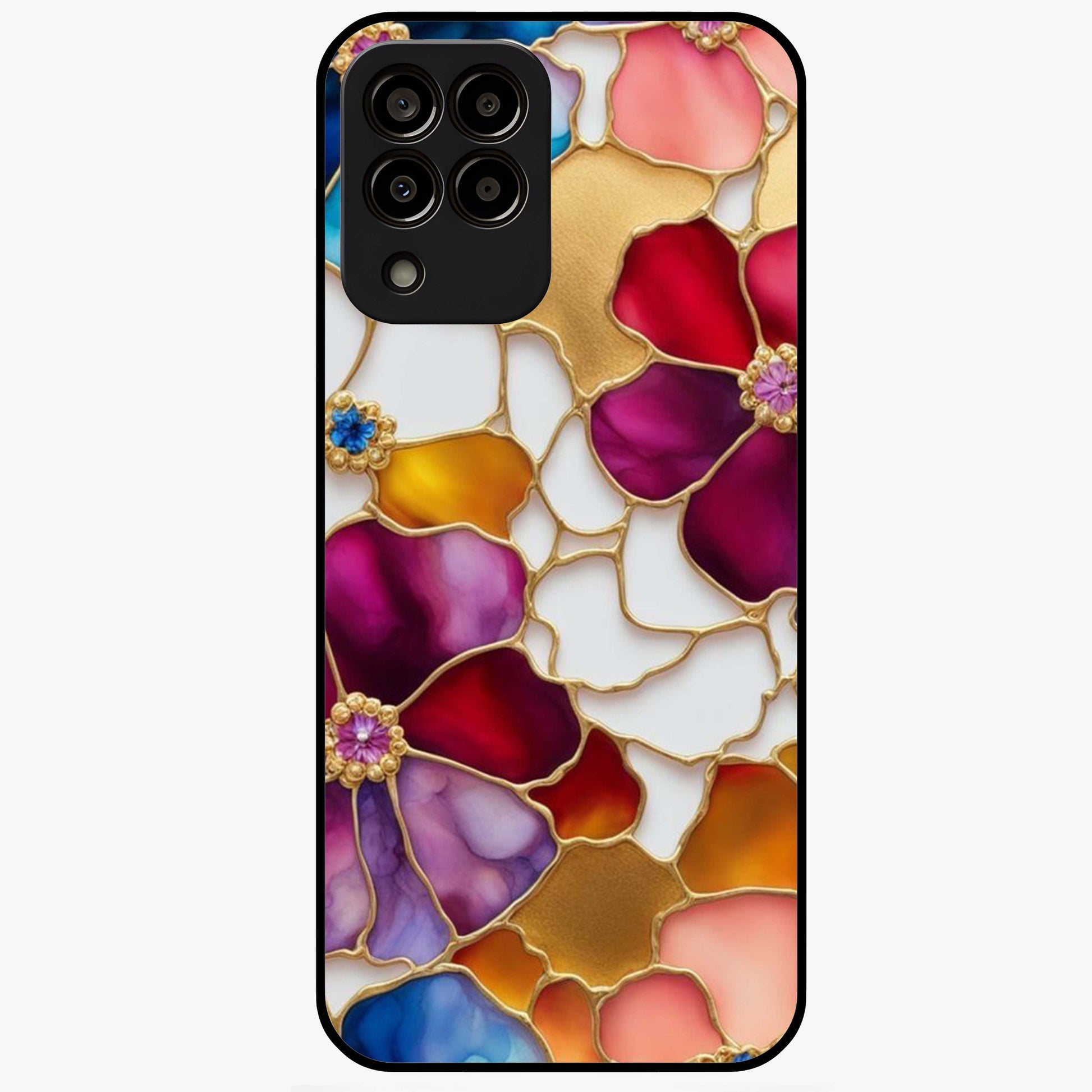 Marble Flower Pattern Glass Case showing flat back view with marble texture floral artwork and glossy glass finish.