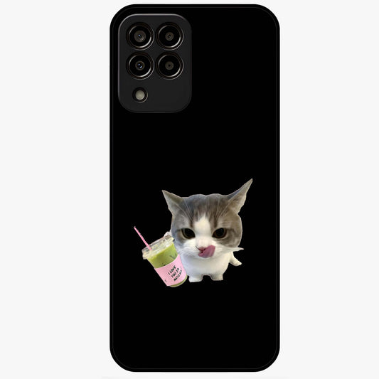 Matcha Cat Style Glass Case showing flat back view with cute matcha themed cat artwork and glossy glass finish.