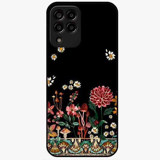 Midnight Bloom Pattern Glass Case showing flat back view with dark floral pattern artwork and glossy glass finish.