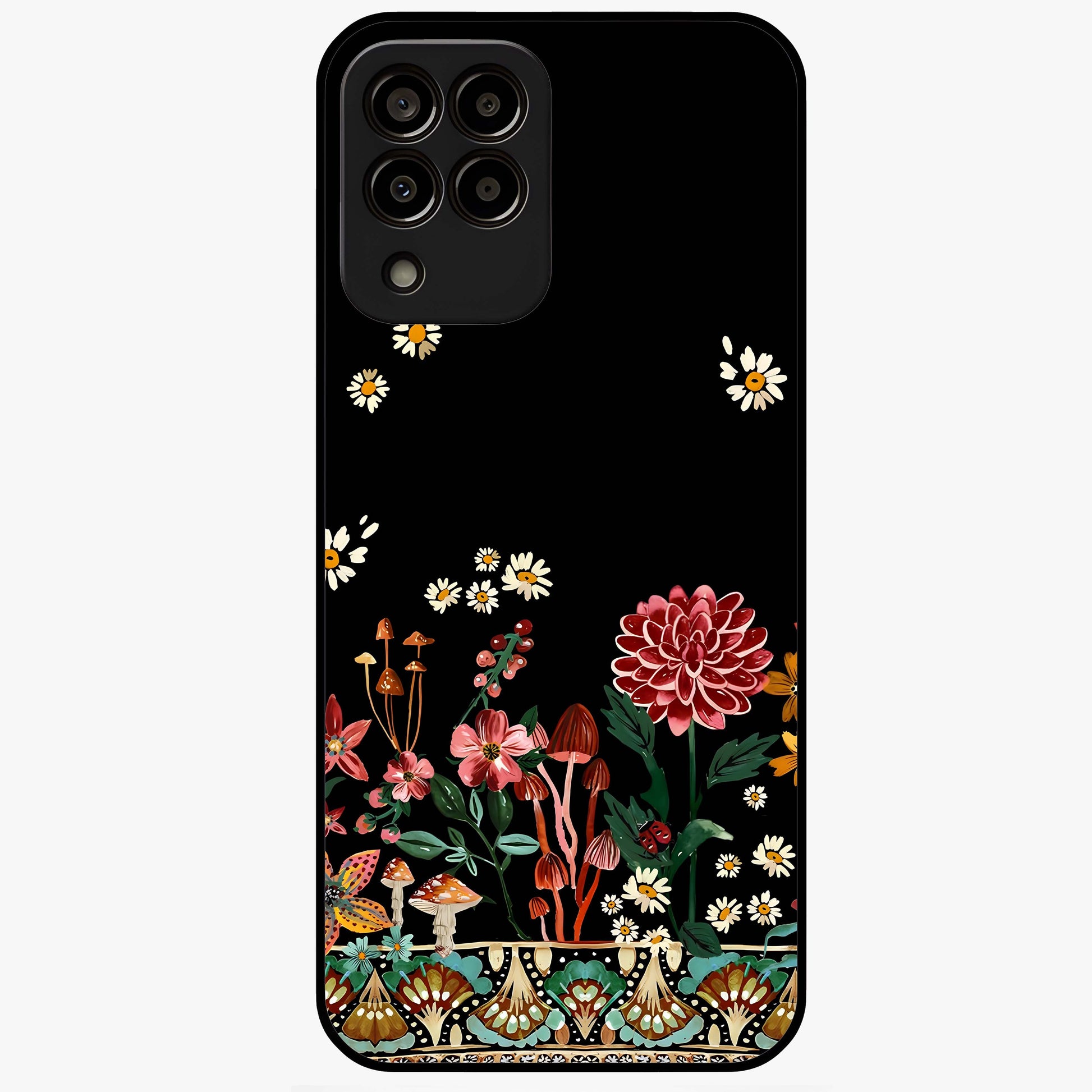 Midnight Bloom Pattern Glass Case showing flat back view with dark floral pattern artwork and glossy glass finish.