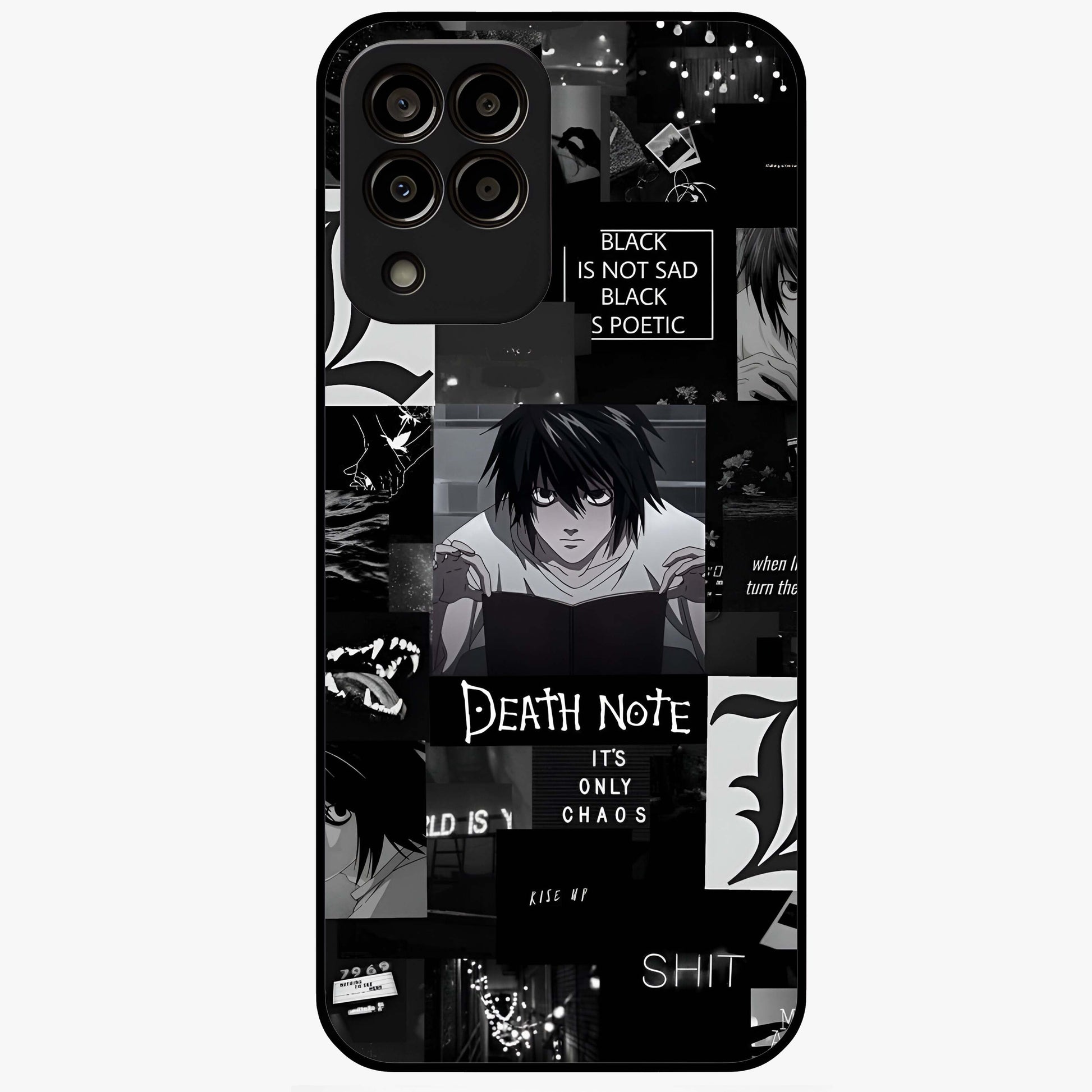 Midnight Chaos Mind Glass Case showing flat back view with abstract dark themed artwork and glossy glass finish.