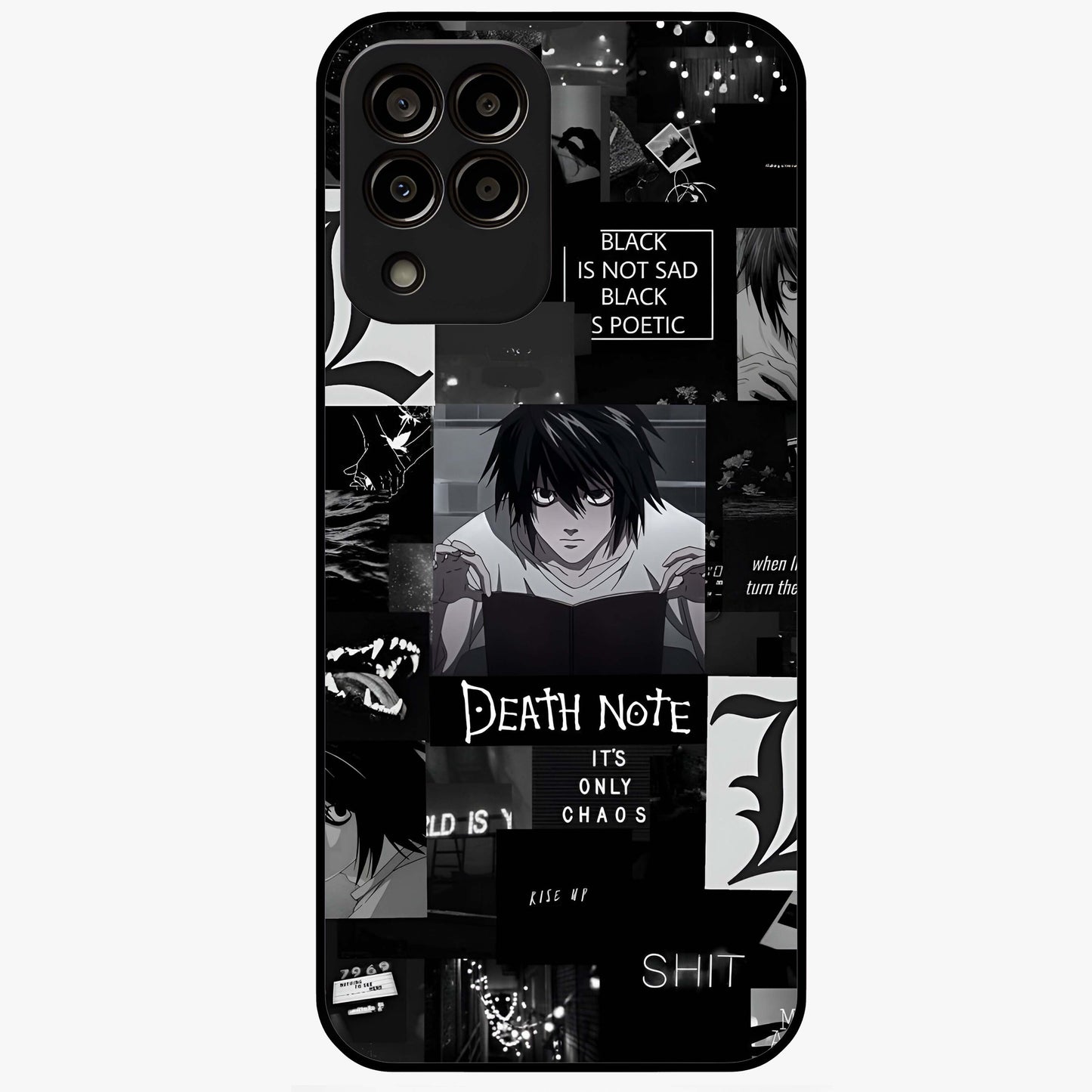 Midnight Chaos Mind Glass Case showing flat back view with abstract dark themed artwork and glossy glass finish.