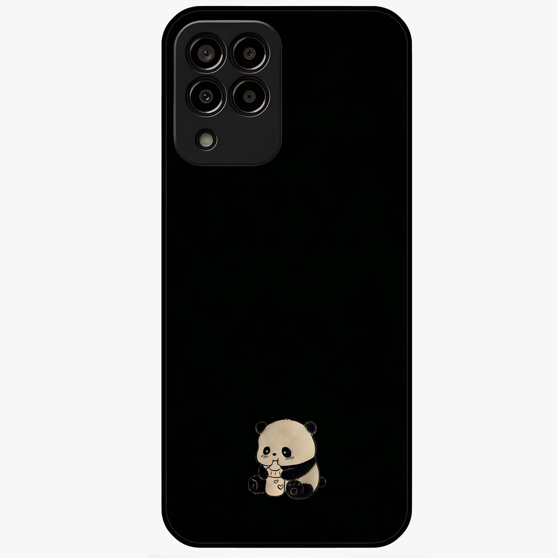 Midnight Panda Love Glass Case showing flat back view with cute panda themed artwork and glossy glass finish.