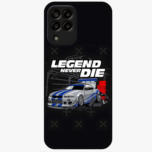 Midnight Racing Legacy Glass Case showing flat back view with sleek racing inspired artwork and glossy glass finish.