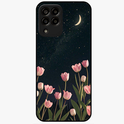 Midnight Tulip Whispers Vibe Glass Case showing flat back view with elegant tulip flower artwork and glossy glass finish.