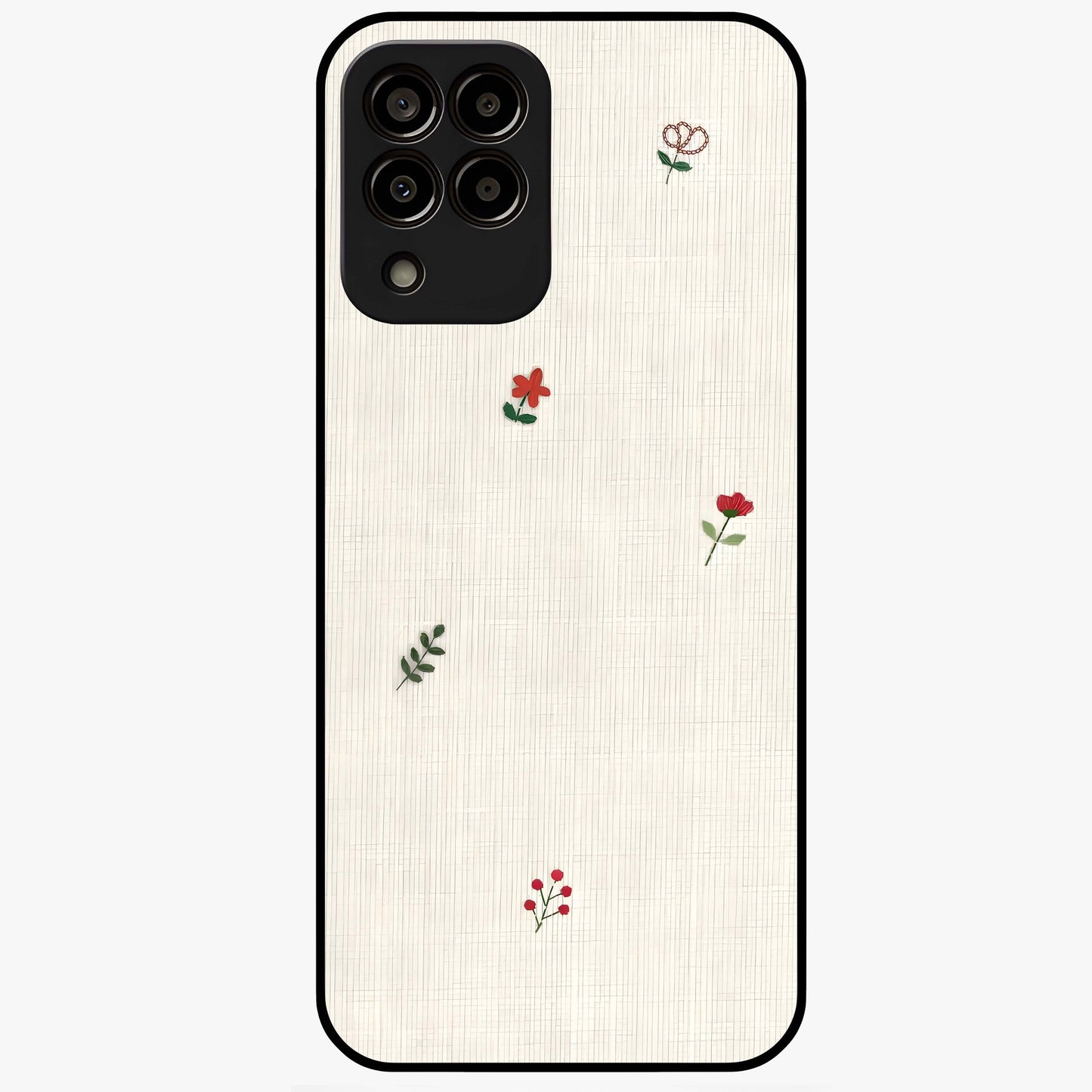 Minimal Petal Whispers Glass Case showing flat back view with soft minimal floral artwork and glossy glass finish.