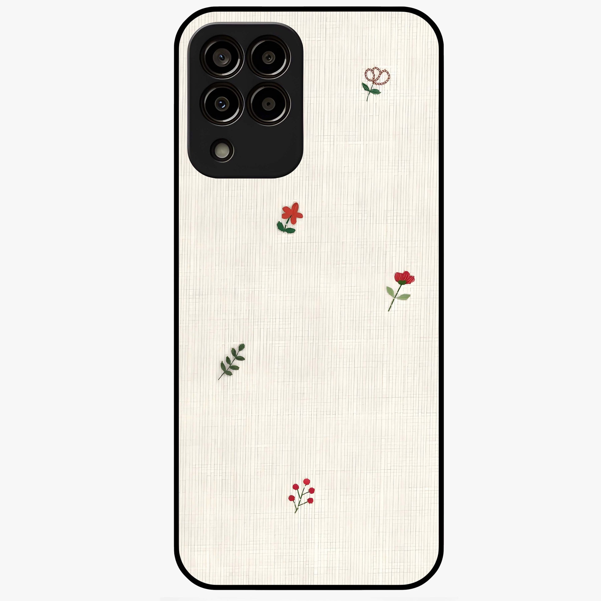 Minimal Petal Whispers Glass Case showing flat back view with soft minimal floral artwork and glossy glass finish.