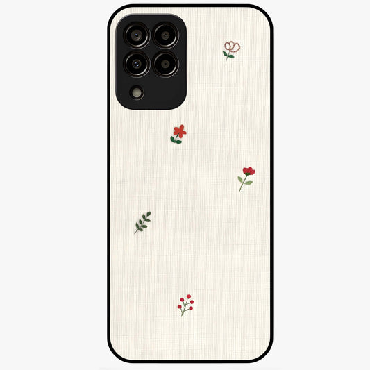 Minimal Petal Whispers Glass Case showing flat back view with soft minimal floral artwork and glossy glass finish.