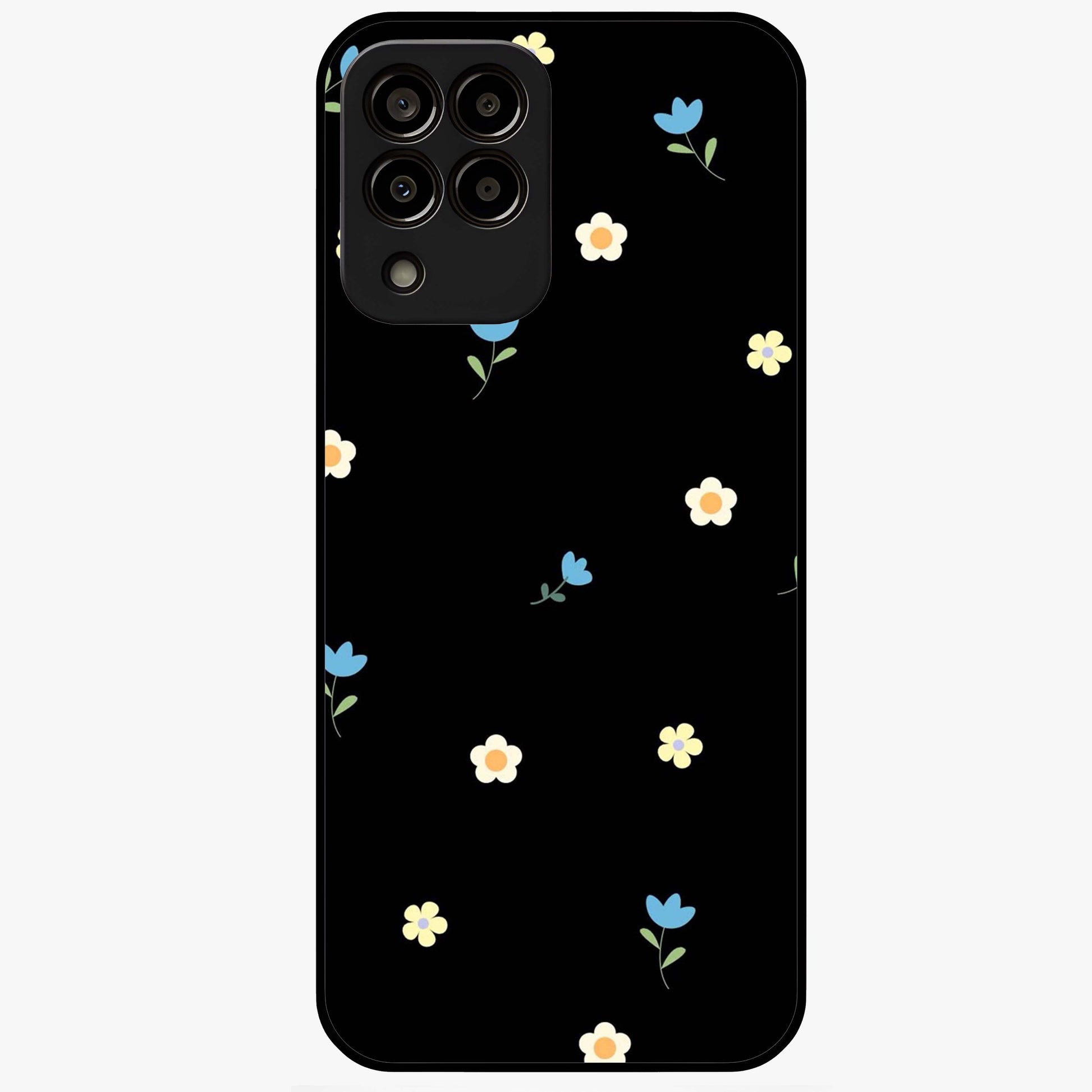 Minimalistic Blue With White Flower Pattern Glass Case showing flat back view with blue background and white flower pattern and glossy glass finish.