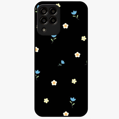 Minimalistic Blue With White Flower Pattern Glass Case showing flat back view with blue background and white flower pattern and glossy glass finish.
