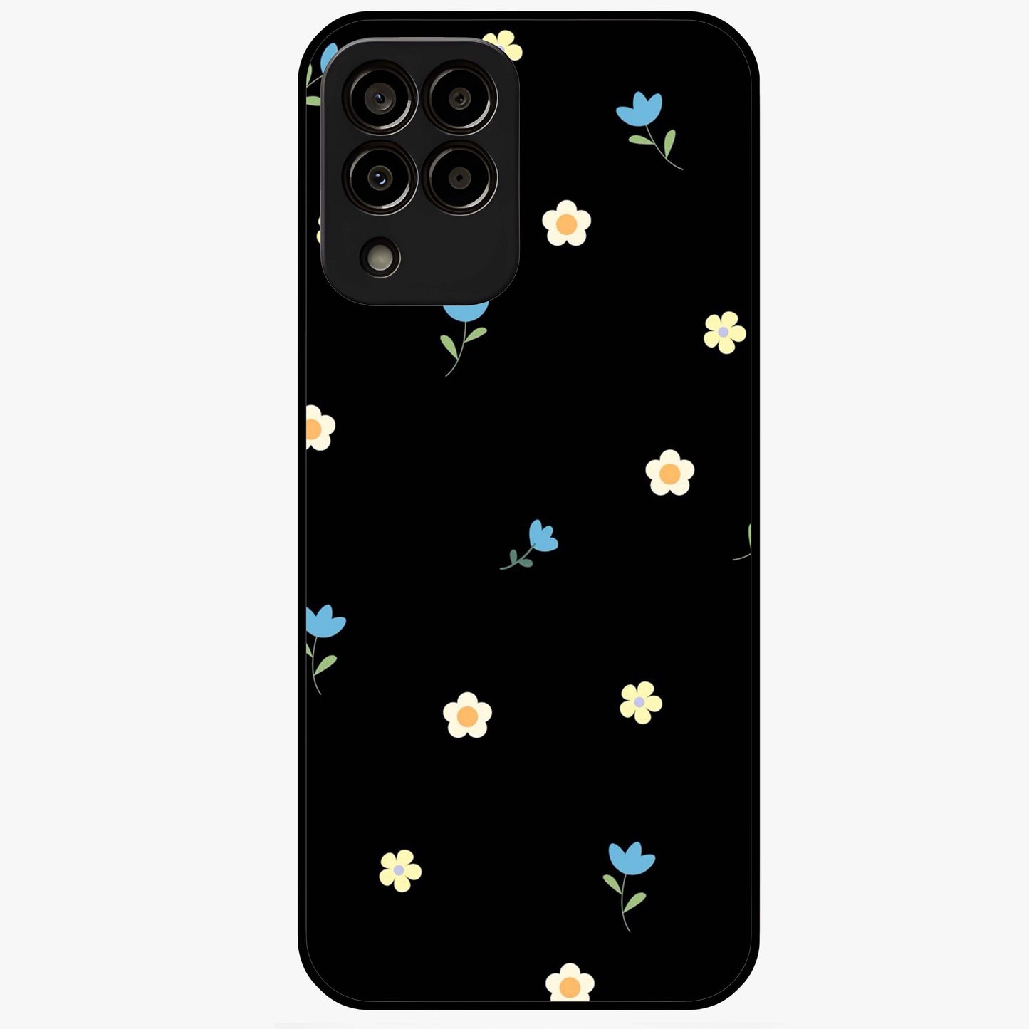Minimalistic Blue With White Flower Pattern Glass Case showing flat back view with blue background and white flower pattern and glossy glass finish.