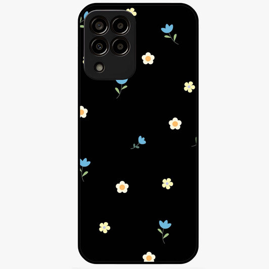 Minimalistic Blue With White Flower Pattern Glass Case showing flat back view with blue background and white flower pattern and glossy glass finish.