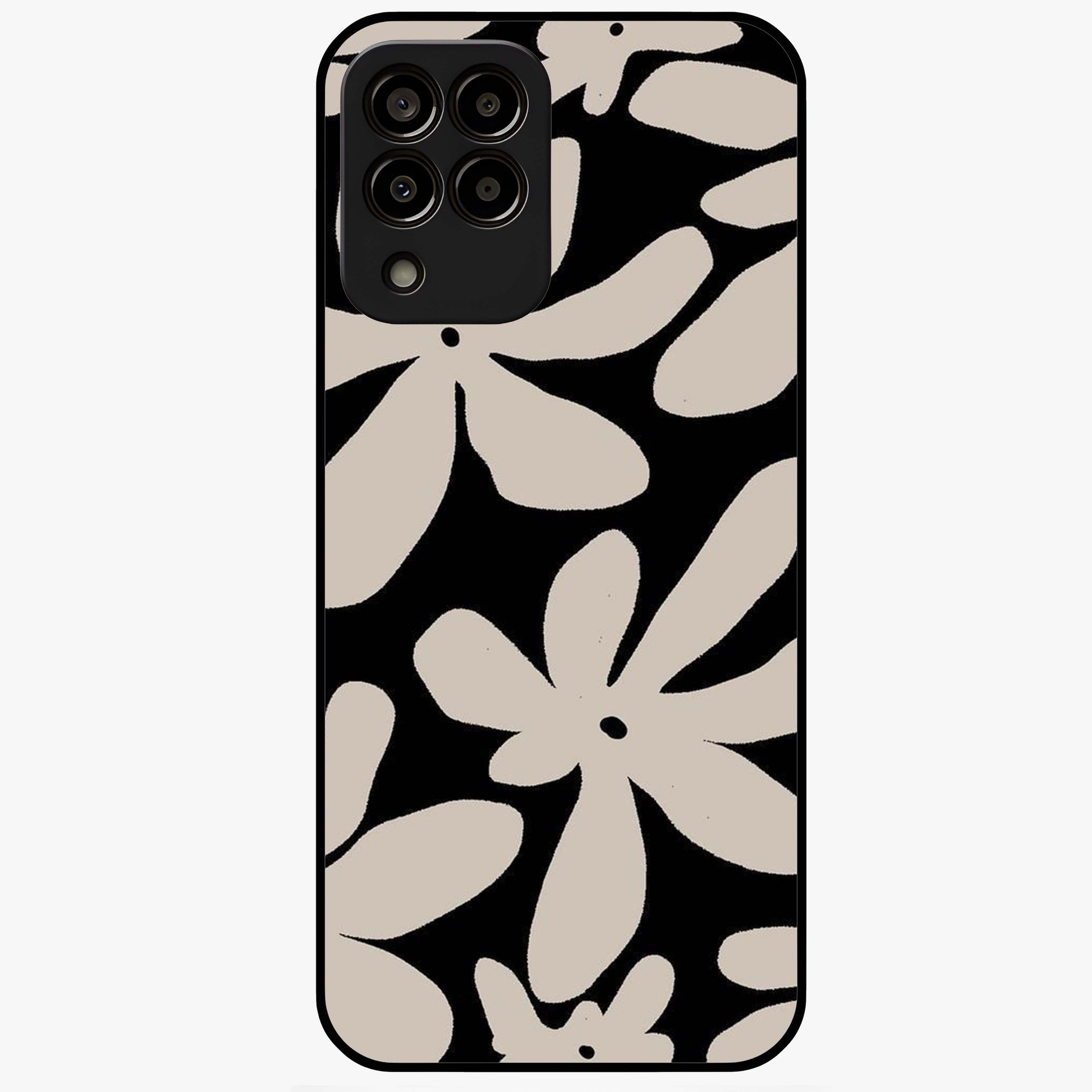 Monochrome Petal Dance Glass Case showing flat back view with monochrome floral artwork and glossy glass finish.