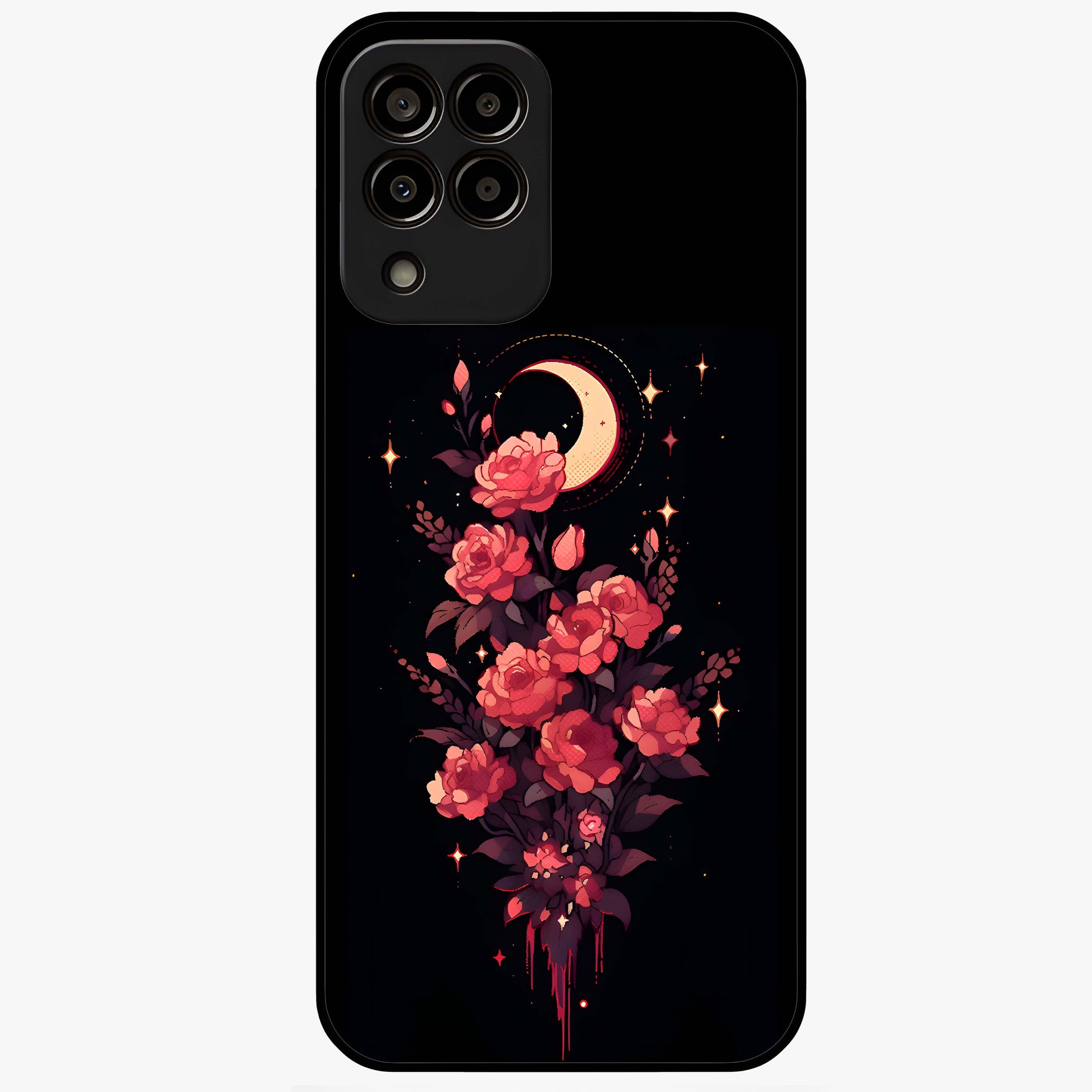 Moonlit Floral Elegance Glass Case showing flat back view with elegant floral artwork under moonlit tones and glossy glass finish.