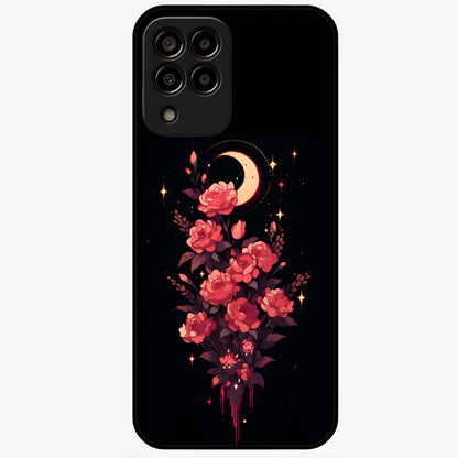 Moonlit Floral Elegance Glass Case showing flat back view with elegant floral artwork under moonlit tones and glossy glass finish.