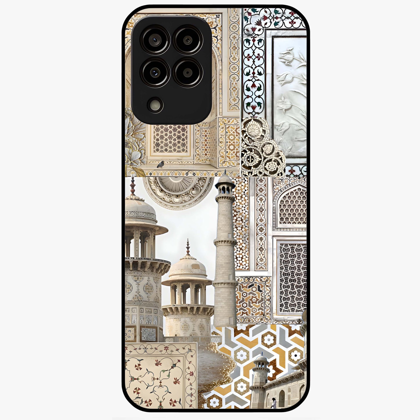 Mughal Marble Legacy Glass Case showing flat back view with intricate Mughal inspired marble pattern and glossy glass finish.