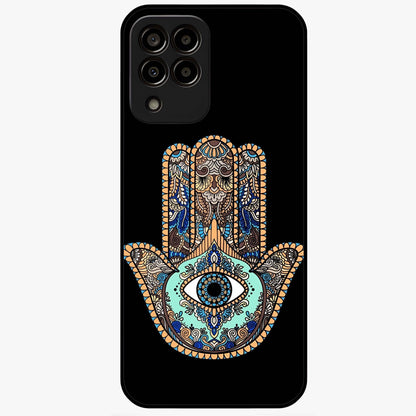 Mystic Hamsa Eye Glass Case showing flat back view with protective hamsa hand and evil eye artwork and glossy glass finish.