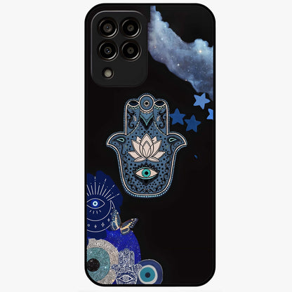 Mystic Hand Aura Glass Case showing flat back view with mystical hand symbol artwork and glossy glass finish.