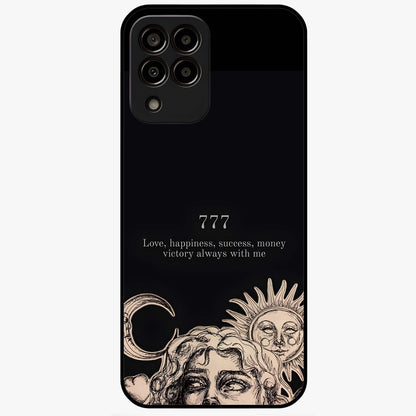 Mystic Victory Aura Glass Case showing flat back view with victory symbol artwork and glossy glass finish.