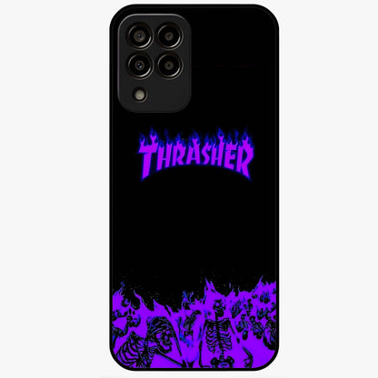 Neon Flame Riot Glass Case showing flat back view with neon flame artwork and glossy glass finish.