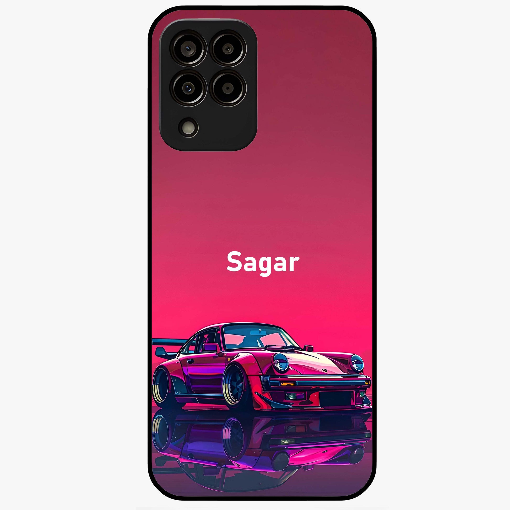 Neon Pink Porsche Glass Case showing flat back view with stylish sports car artwork and glossy glass finish.