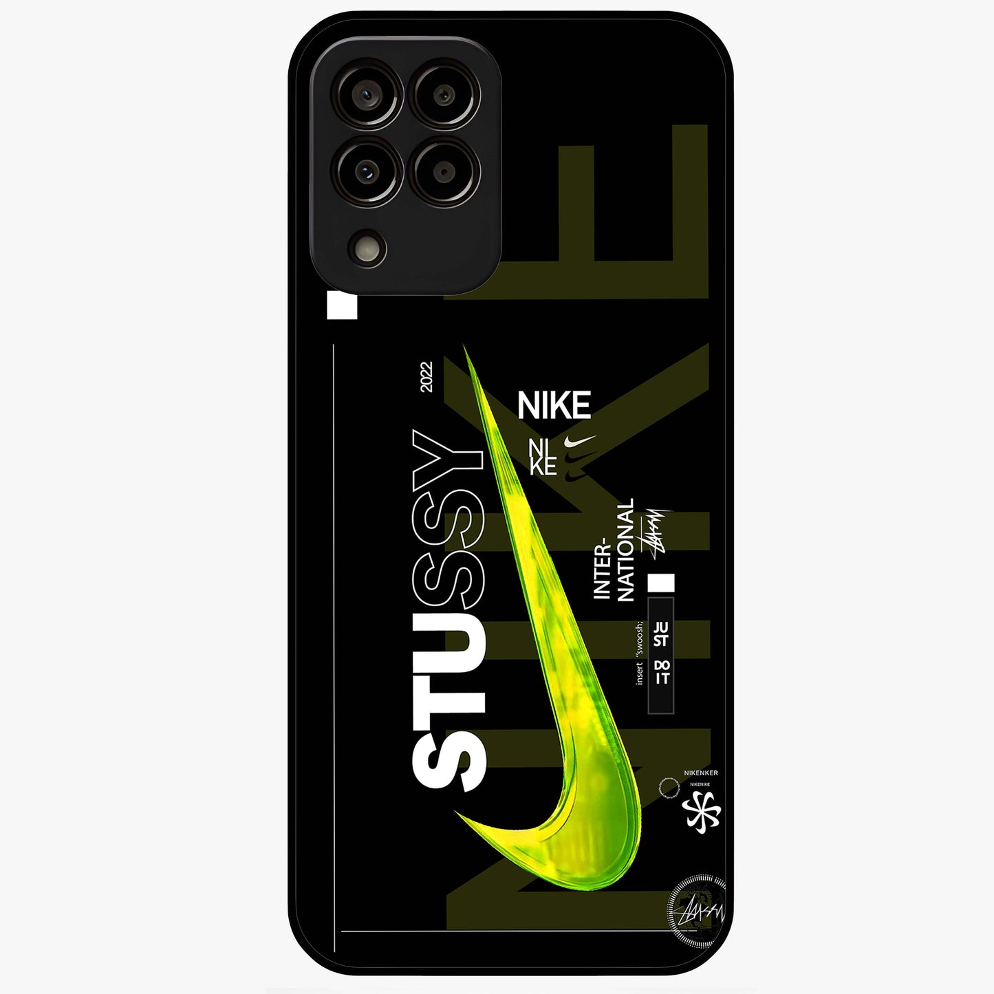 Neon Street Edition Glass Case showing flat back view with neon street style artwork and glossy glass finish.