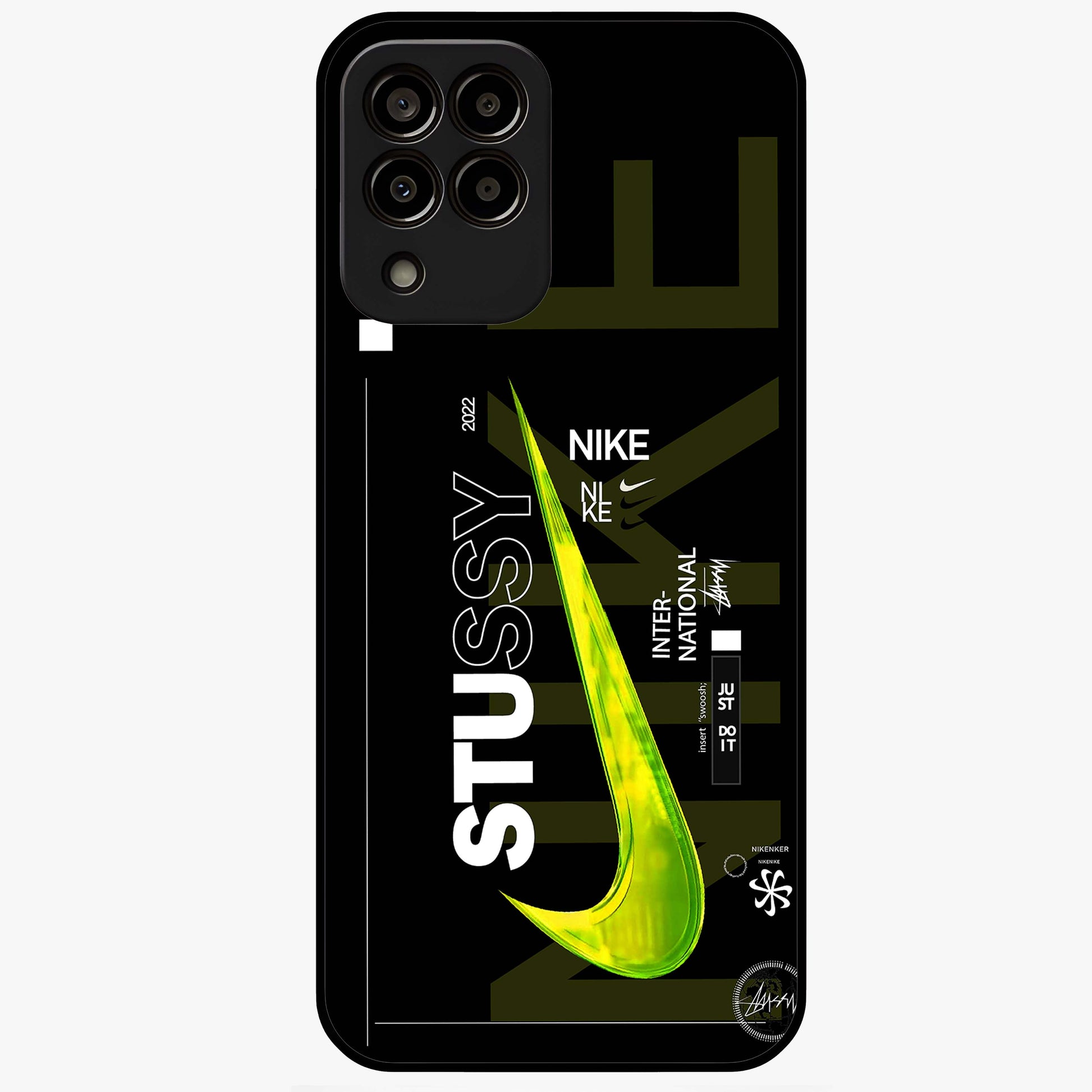 Neon Street Edition Glass Case showing flat back view with neon street style artwork and glossy glass finish.