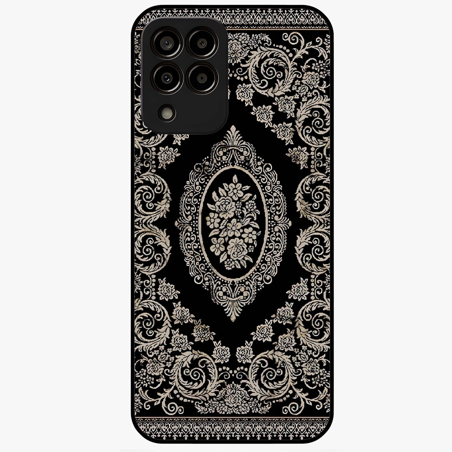 Noir Bloom Elegance Glass Case showing flat back view with elegant dark floral artwork and glossy glass finish.