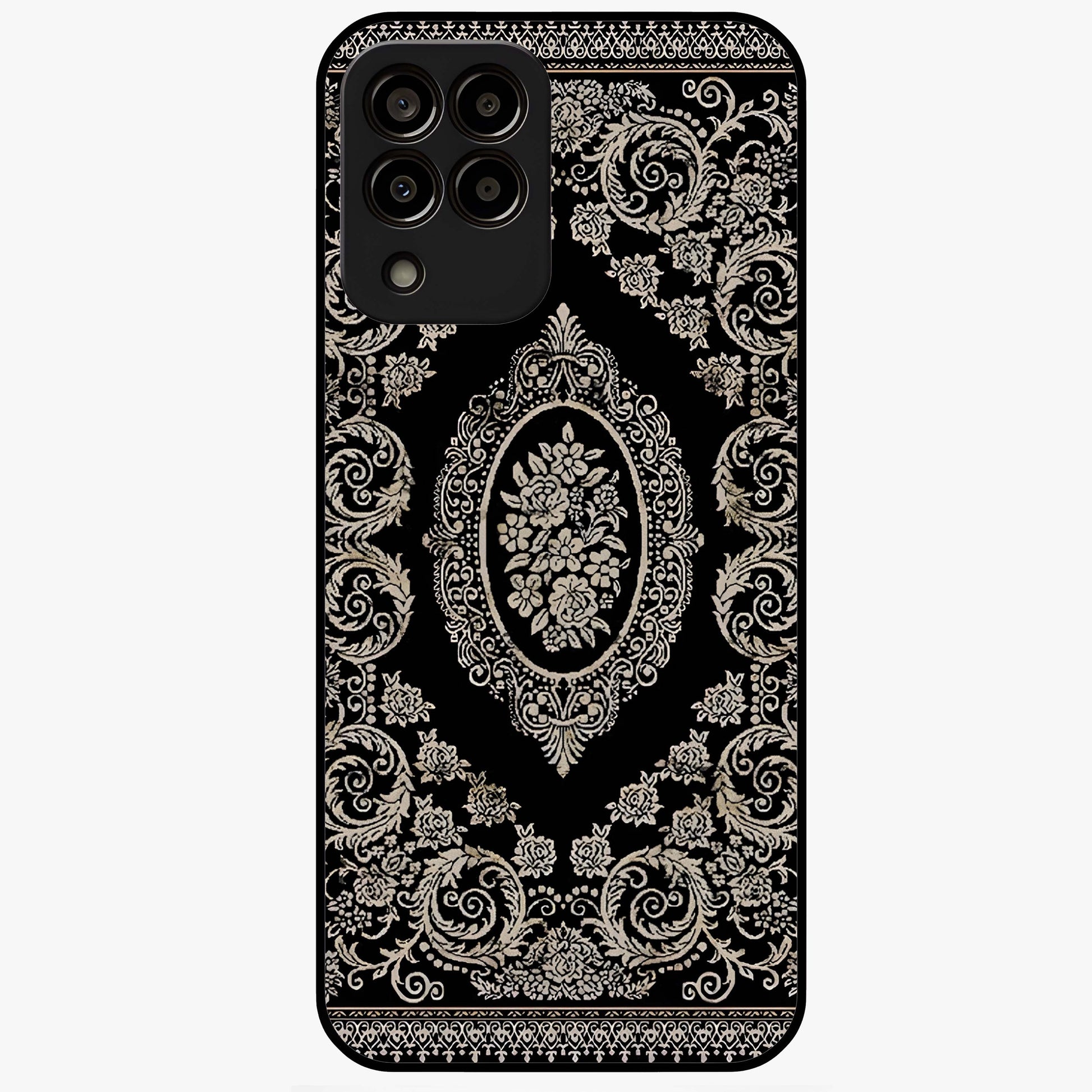 Noir Bloom Elegance Glass Case showing flat back view with elegant dark floral artwork and glossy glass finish.