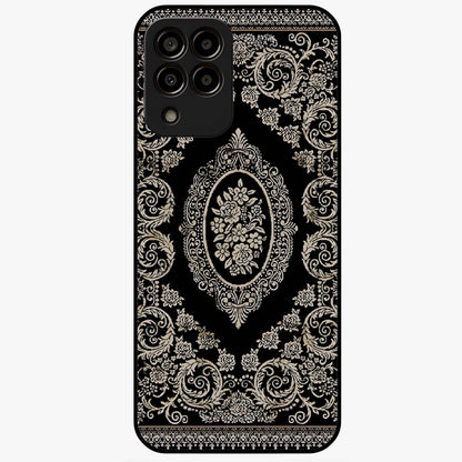 Noir Bloom Elegance Glass Case showing flat back view with elegant dark floral artwork and glossy glass finish.