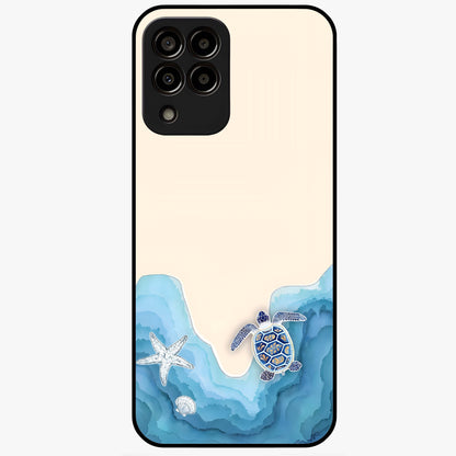 Ocean Drift Turtle Glass Case showing flat back view with sea turtle artwork and glossy glass finish.