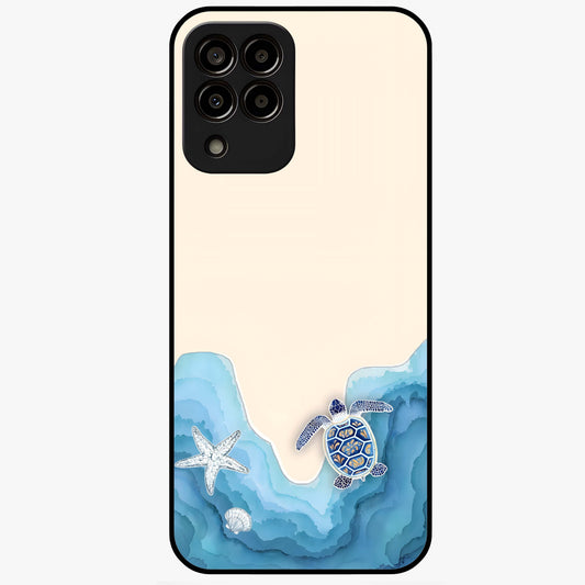 Ocean Drift Turtle Glass Case showing flat back view with sea turtle artwork and glossy glass finish.