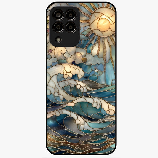 Oceanic Stained Printed Glass Case showing flat back view with ocean inspired stained pattern artwork and glossy glass finish.