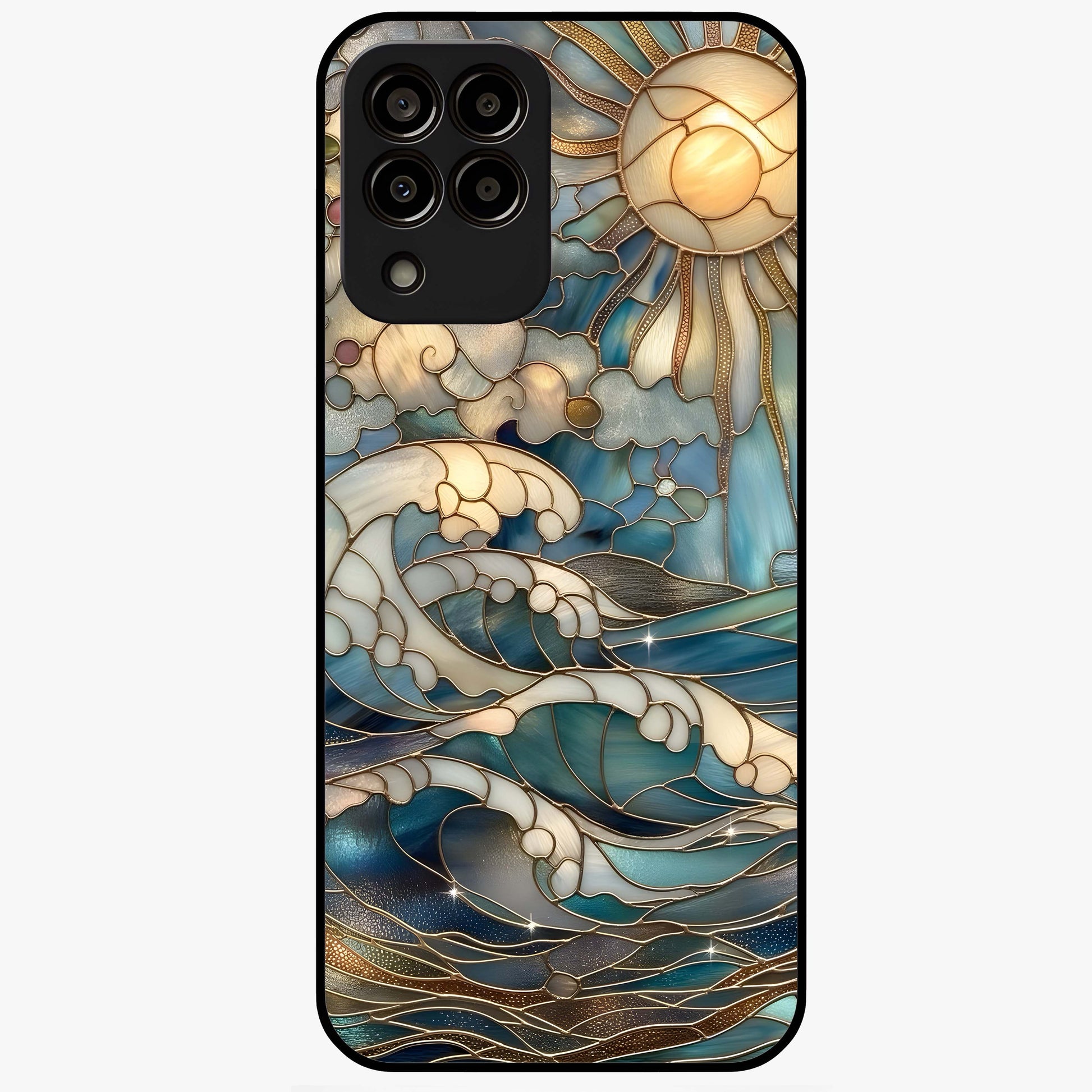 Oceanic Stained Printed Glass Case showing flat back view with ocean inspired stained pattern artwork and glossy glass finish.